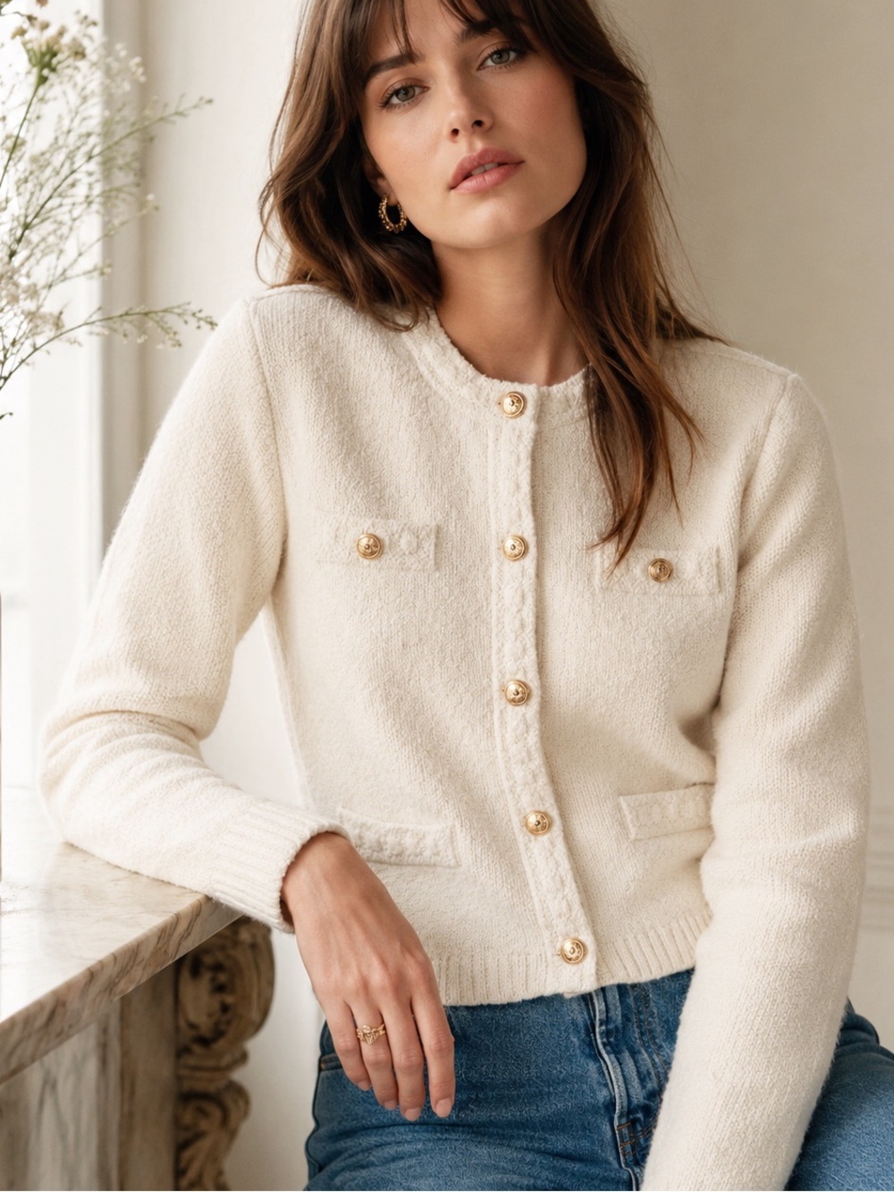 H&M Woman Cream Textured Gold Button Collarless Cardigan LARGE Preppy Luxury